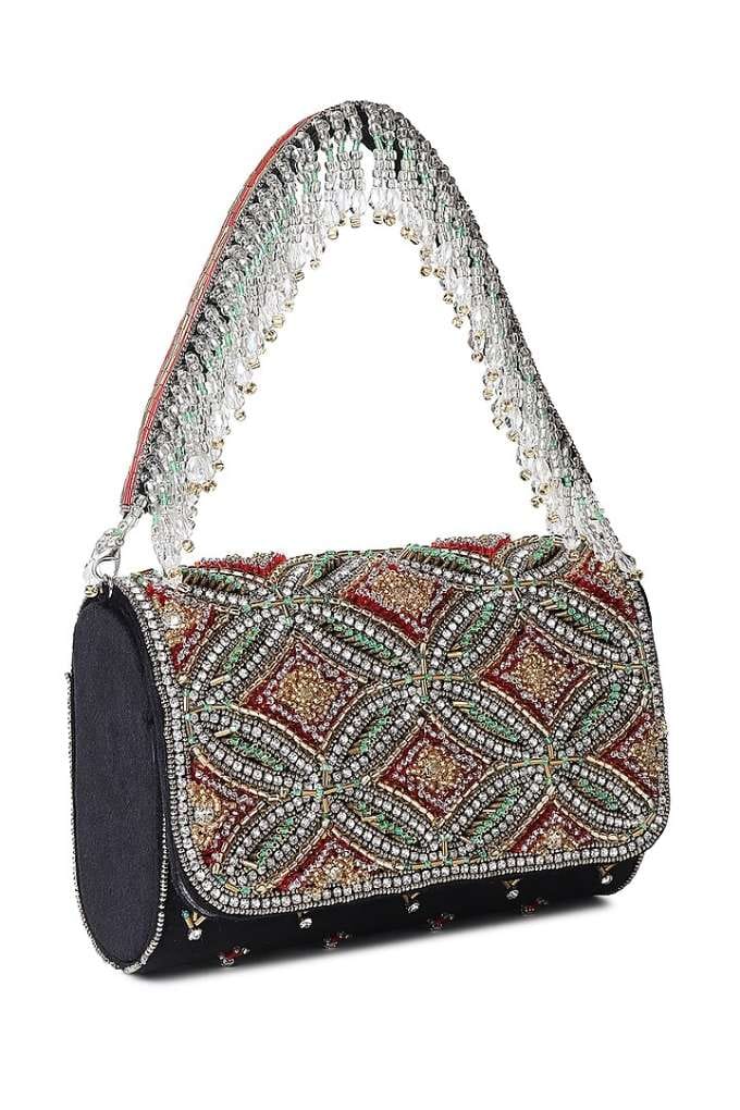 Black Suede Stone Work Flap Bag