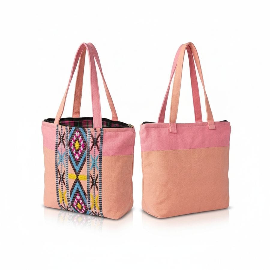 Handwoven Pink & Peach Geometric Tote Bag