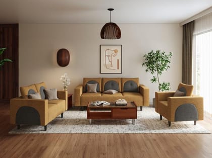 Cresco 6-Seater Fabric Sofa Set (3+2+1) (3-Years Warranty, Solid Wood, Camel and Taupe)