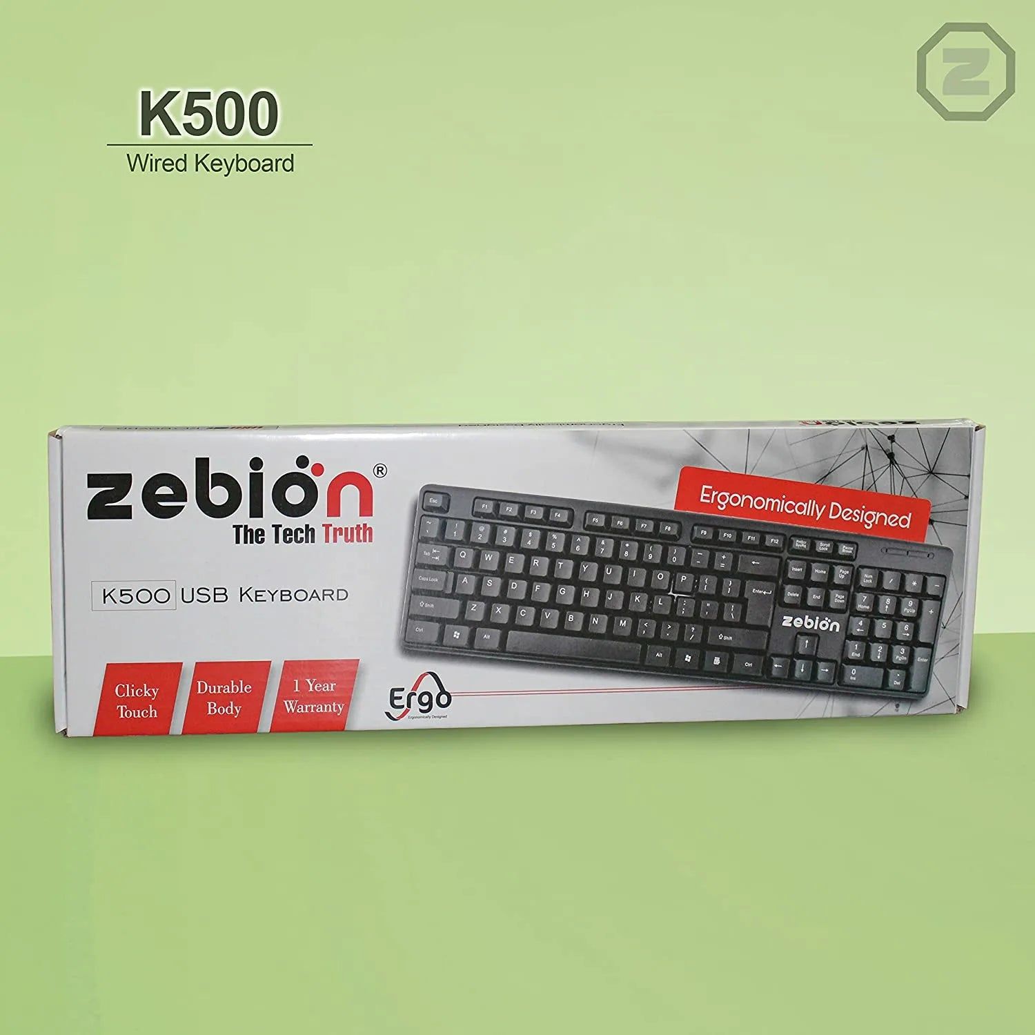 Zebion K500 USB Keyboard, Rugged Heavy-Duty Body, Tested with Over 1 Million Keystrokes,Clicky-Touch Feel, Ergonomic Design;
