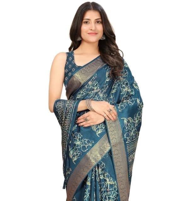 Women's Cotton Silk Floral Printed Saree With Unstitched Blouse 5.5Mtr (Blue)-PID66540