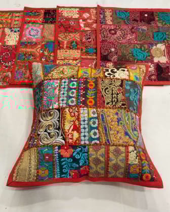 Khamma Ghani Kambadiya Rosy Red Cushion Cover-Set of 2