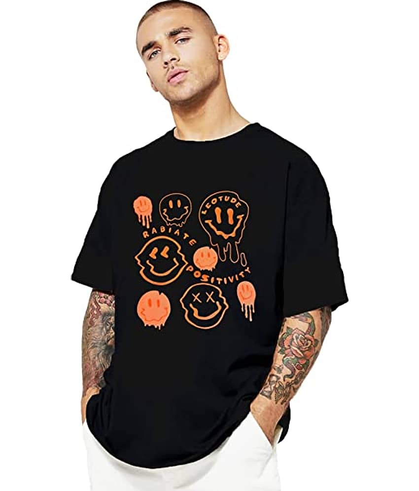 Leotude Men Cotton Blend Oversized Fit Printed T-Shirt ( Black )