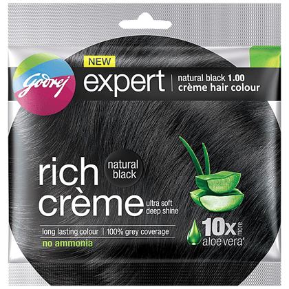 Godrej Expert Rich Creme Hair Colour - Single Use, Long Lasting, 100% Grey Coverage (20 G + 20 Ml), 1 Pc Shade 1 Natural Black