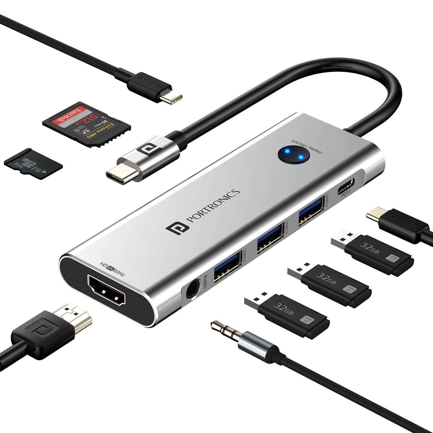 Portronics Mport One, HDMI On-Off Button, USB-C Plug, 9-in-1 USB Hub, 4K at 60 Hz HDMI (Grey)