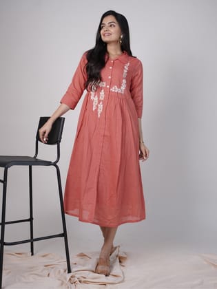 Elegant Rust Cotton Dress-L