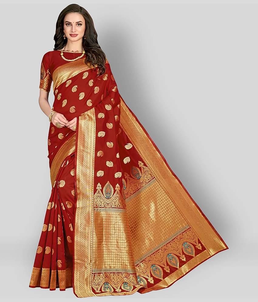 Dressy Silk Blend Printed Saree With Unstitched Blouse Piece ( Maroon )