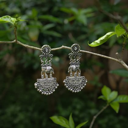 Oxidized Silver Elephant Motif Chandbali Earrings