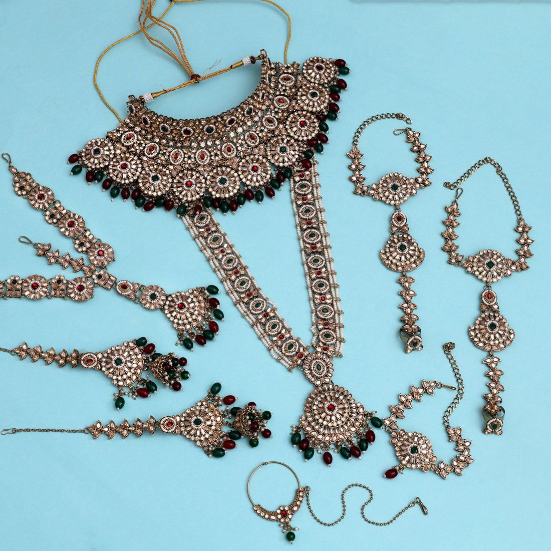 Maroon & Green Color Kundan Dulhan Set (BDL254MG)-Adjustable Rope / Green / Alloy With Good Quality Gold Plated