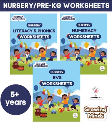 Edsmart Nursery Pre-KG Worksheets Combo Pack, Literacy & Phonics, Numeracy, EVS, Age 5+ Years, CBSE Curriculum, 120 Pages [Perfect Paperback] [Mar 31, 2025] Edsmart Edu Services Pvt Ltd
