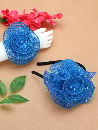 Sequins Flower Bracelet & Hairband Set-Blue-one Size / Blue