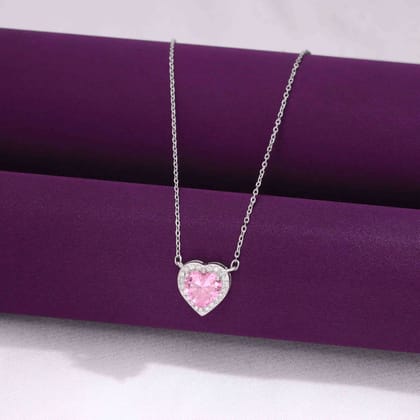 Sterling Pink Love Heart Necklace-Pink Stone / Silver