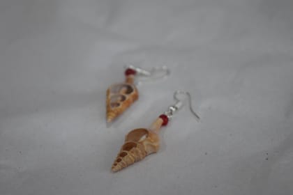 Natural Seashell Dangle Earrings, Handcrafted Beach Shell Jewelry with Red Crystal Beads, Sterling Silver Hooks