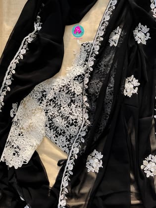 Hand embroidered georgette Ariel saree Paired white Rosy netted blouse with sequins-2XS
