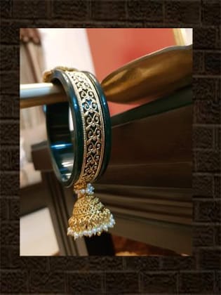 Intricate design on green acrylic kada with kundan flower and jhoomki on the other side-2'4