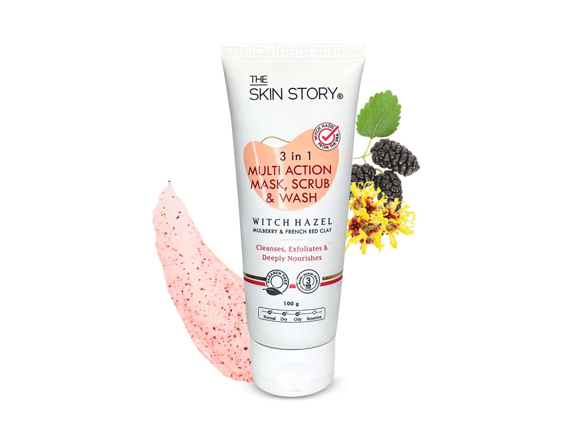 3 in 1 Multi Action Mask, Scrub & Wash Enriched With Witch Hazel & French Red Clay For Cleansing, Exfoliation & Healthy Skin (100 GM)