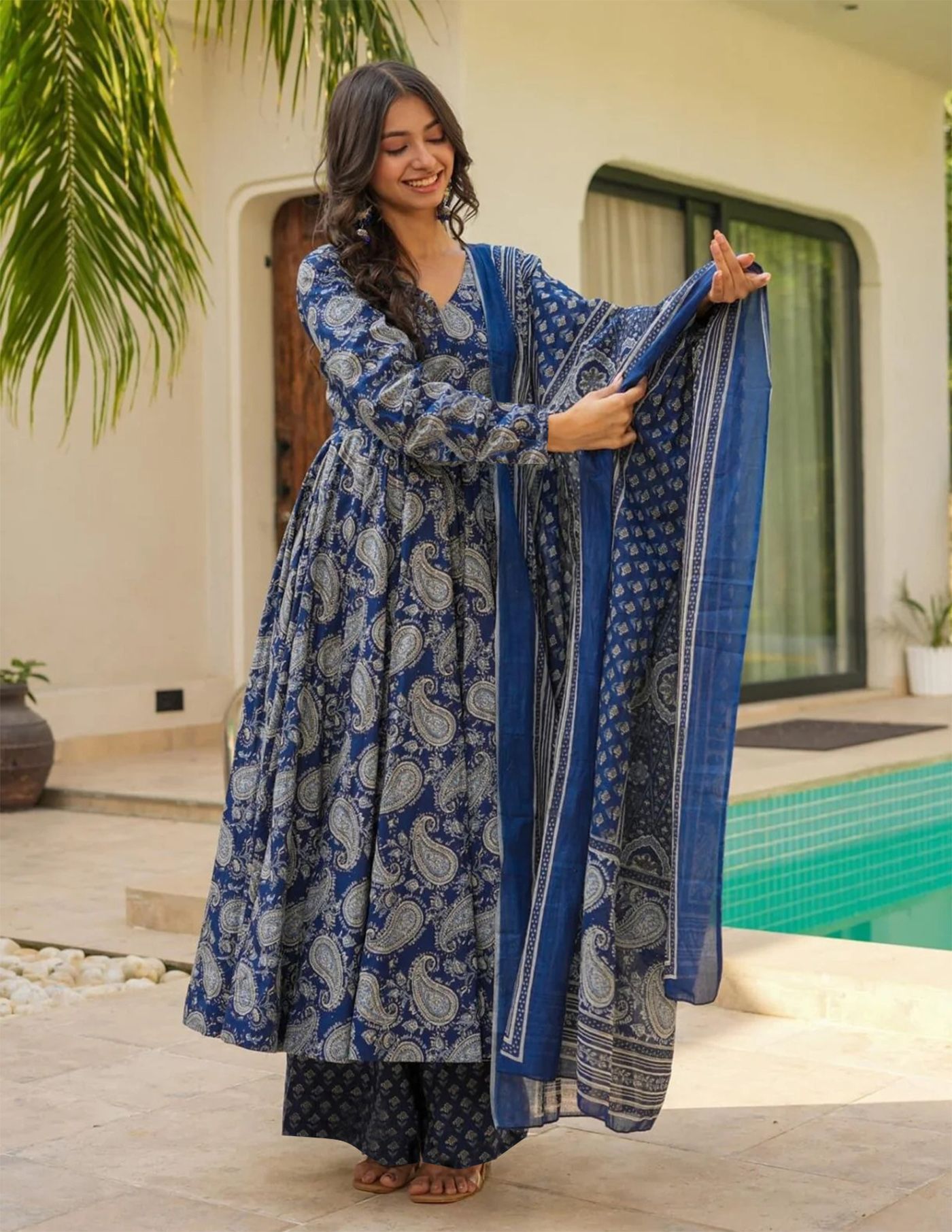 Womens Anarkali Pent Dupatta Set Blue Shelja Suit