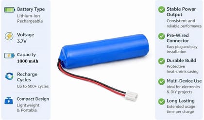 NOVEL 3.7V 18650 Lithium-Ion Rechargeable Battery 1800mAh with BMS Protection Circuit | Cylindrical Cell for DIY Electronics, Educational Projects and Devices