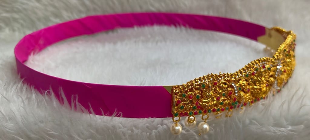 Traditional Indian Gold Plated Laxmi Devi Temple Kempu Stone Belt for Women