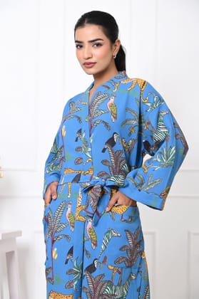 Waffle Cotton Handblock Printed Unisex Bathrobe - Free Size