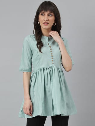 Green Soild Woven Empire Top-L