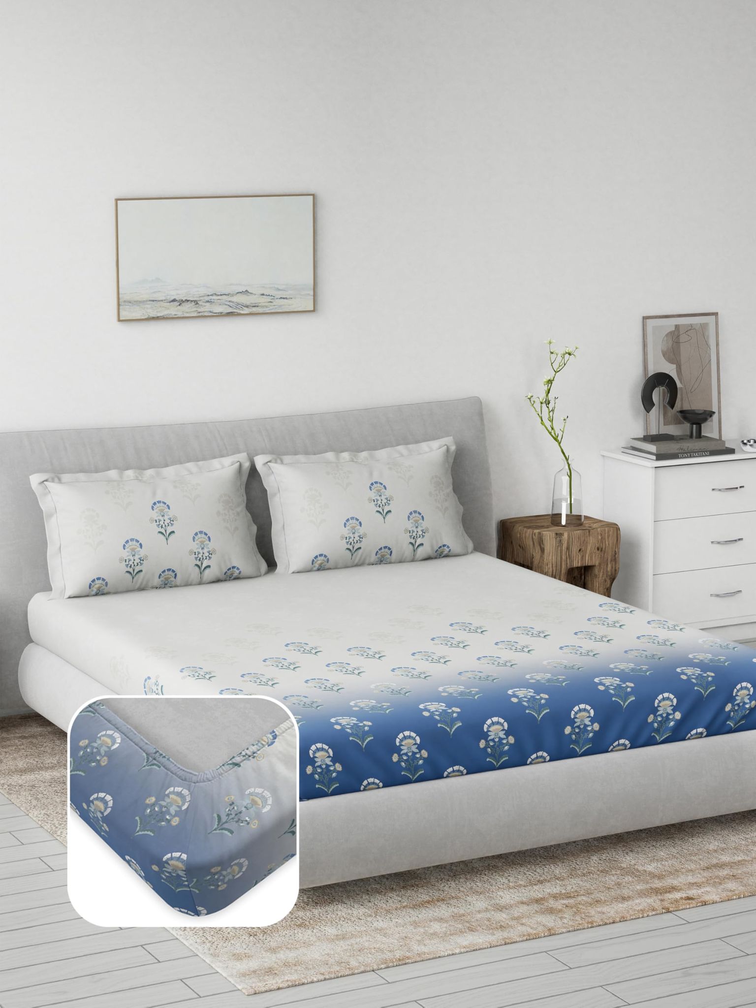 DDECOR - Primary Collection 100% Cotton Ethnic Pattern 145TC King Fitted Sheet|180 CM X 198 CM| - Blue