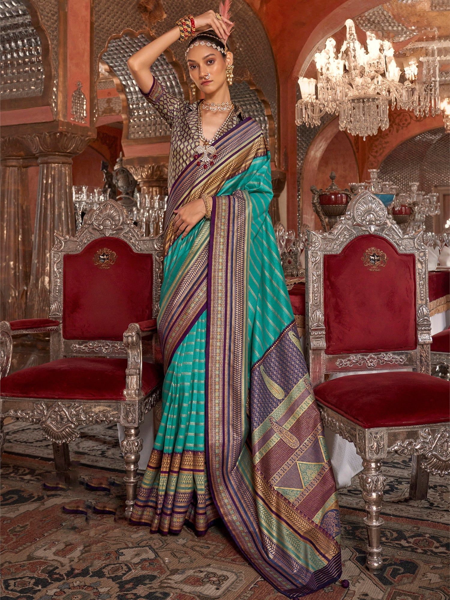 Turquoise Soft Silk Stripped Patola Saree For Women