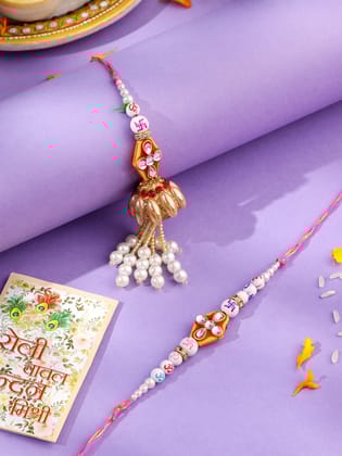 NVR Set of 2 Multicolor Artificial Stones & Pearls Bhaiya Bhabhi Rakhi with Roli Chawal Chandan & Mishri-One Size / Multicolor