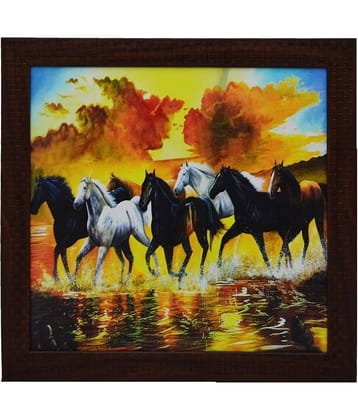 eCraftIndia Blue & White Running Lucky Horses Satin Matt Texture UV Wall Art