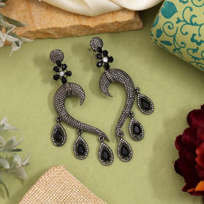 Black Color Fashion Earrings To Match Both Office And Evening Wear-Earring Length: 8.00 CM x Width: 2.00 CM / Black / Alloy With Good Quality Black Silver Plated