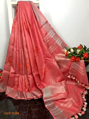 Orange Linen Saree With Embroidery & Silver Zari Border