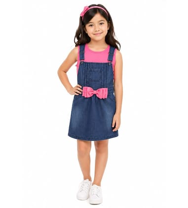 Girl's Denim & Cotton Bow Sleeveless Dungaree (Pink, 5-6-Yrs)-PID66045