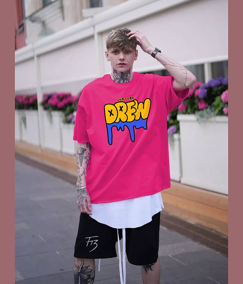Leotude Men Cotton Blend Oversized Fit Printed T-Shirt ( Pink )