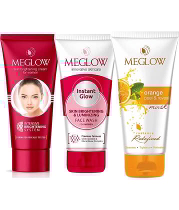 Meglow Skin Brightening Cream for Women 50g,Instant Glow Facewash 70g,Orange Peel & Reveal Mask 70g