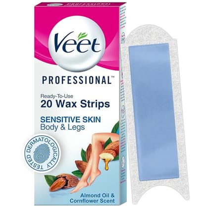 Veet Full Body Waxing Strips Kit For Sensitive Skin (20 Strips)  Cold Gel Wax Hair Removal for Women  Upto 28 Days of Smoothness  No Wax Heater or Wax Beans Required