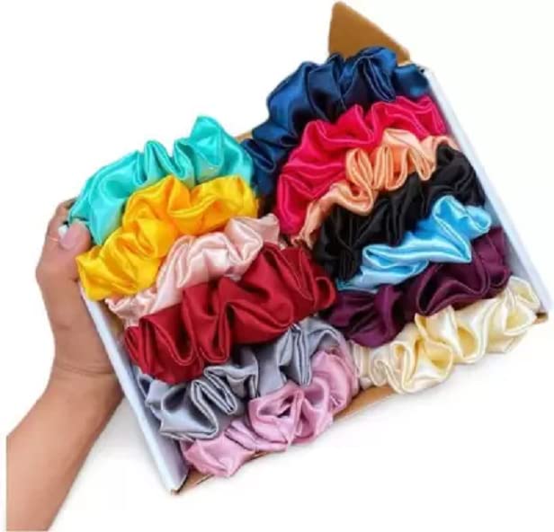 Elecsera Multicolor Pure Silk Scrunchies Hair Tie Elastic Large Hair Bands Set of 12 pcs Rubber Band (Multicolor)
