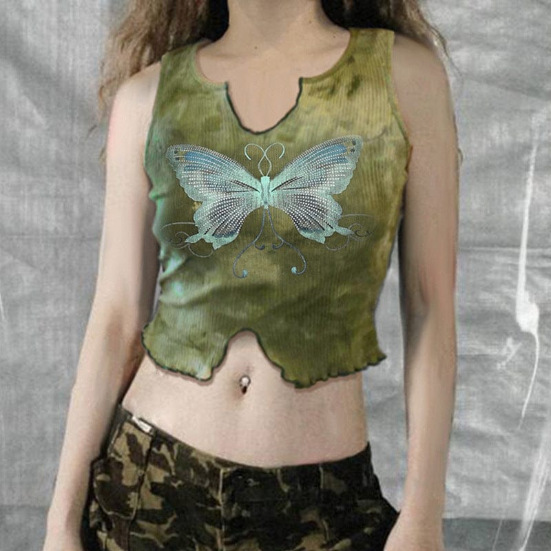 Tie Dye Butterfly Print Slit Tank Top-S