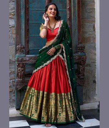 kedar fab Red Kanchipuram Circular Semi Stitched Lehenga