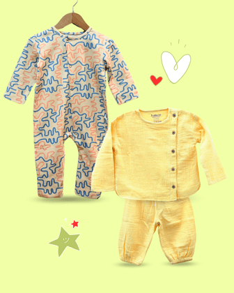 100% Cotton Printed Sleepsuit & Yellow Baby Set for Babies - 2 Piece Set-0-3 months