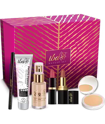 Iba Makeup Gift Set for Women Set of Foundation, Compact, Primer, Lipsticks, Kajal, suitable for medium skin tone (Pack of 6)