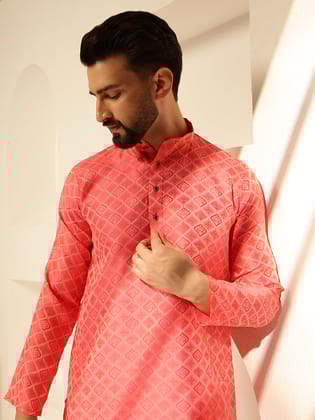 Men's Jacquard Silk Woven Motifs Red Long Kurta-36