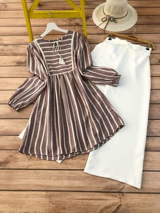 Light Brown Line Designing Esthetic Kurti with Palazzo by GlamaStitch-M