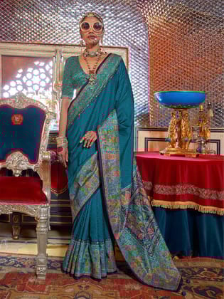 Rama Green Soft Silk Stripes & Pashmina Printed Saree