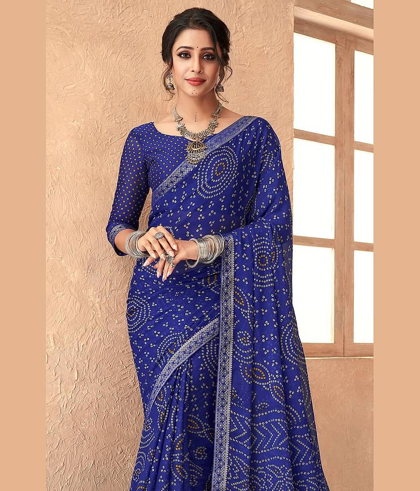 Nandini Creation Chiffon Printed Saree With Unstitched Blouse Piece ( Blue )