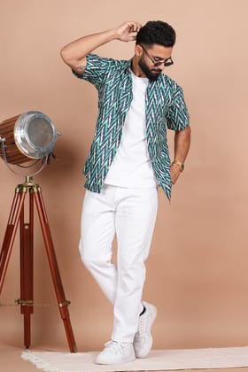 Stylish Zigzag Green, Blue, and White Print Shirt-S / Green / 100% Cotton