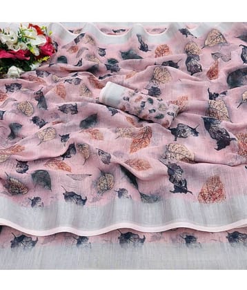 Gullak Linen Printed Saree With Unstitched Blouse Piece ( Pink )