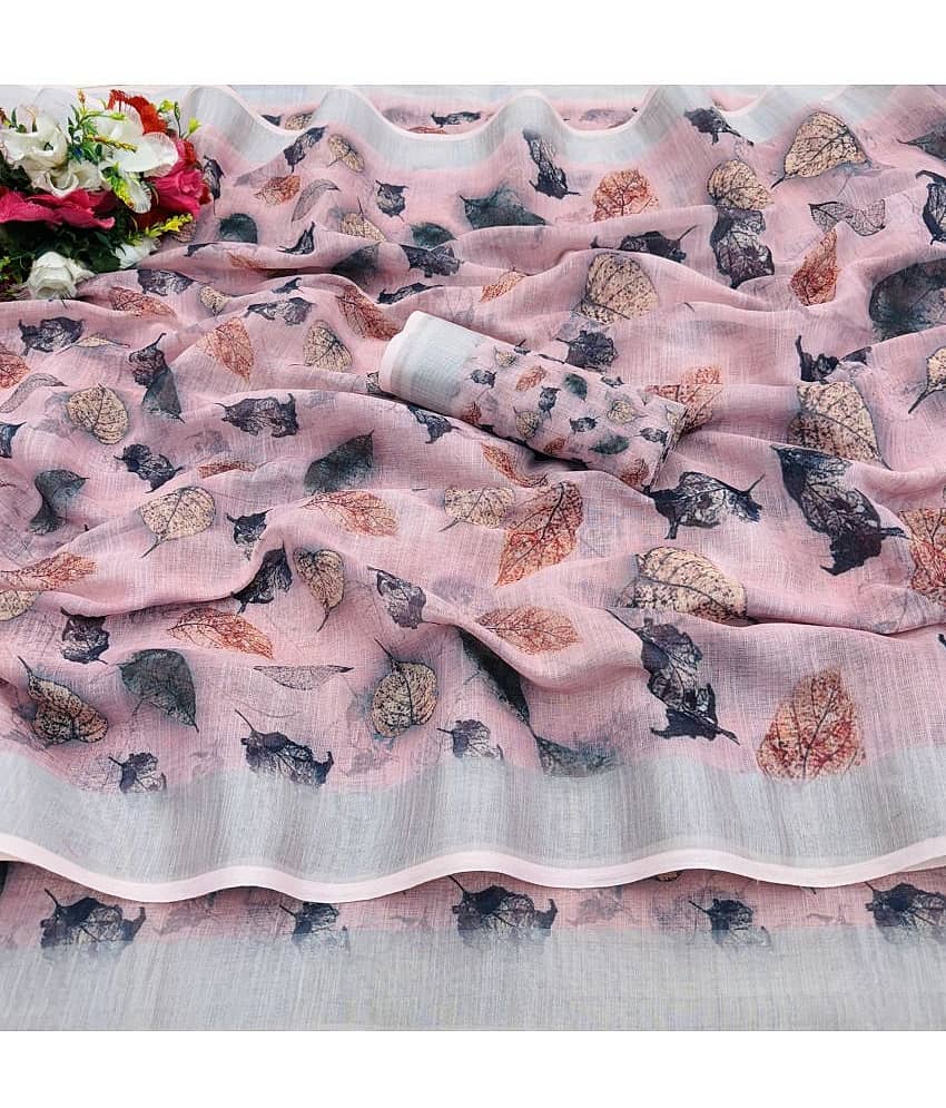 Gullak Linen Printed Saree With Unstitched Blouse Piece ( Pink )