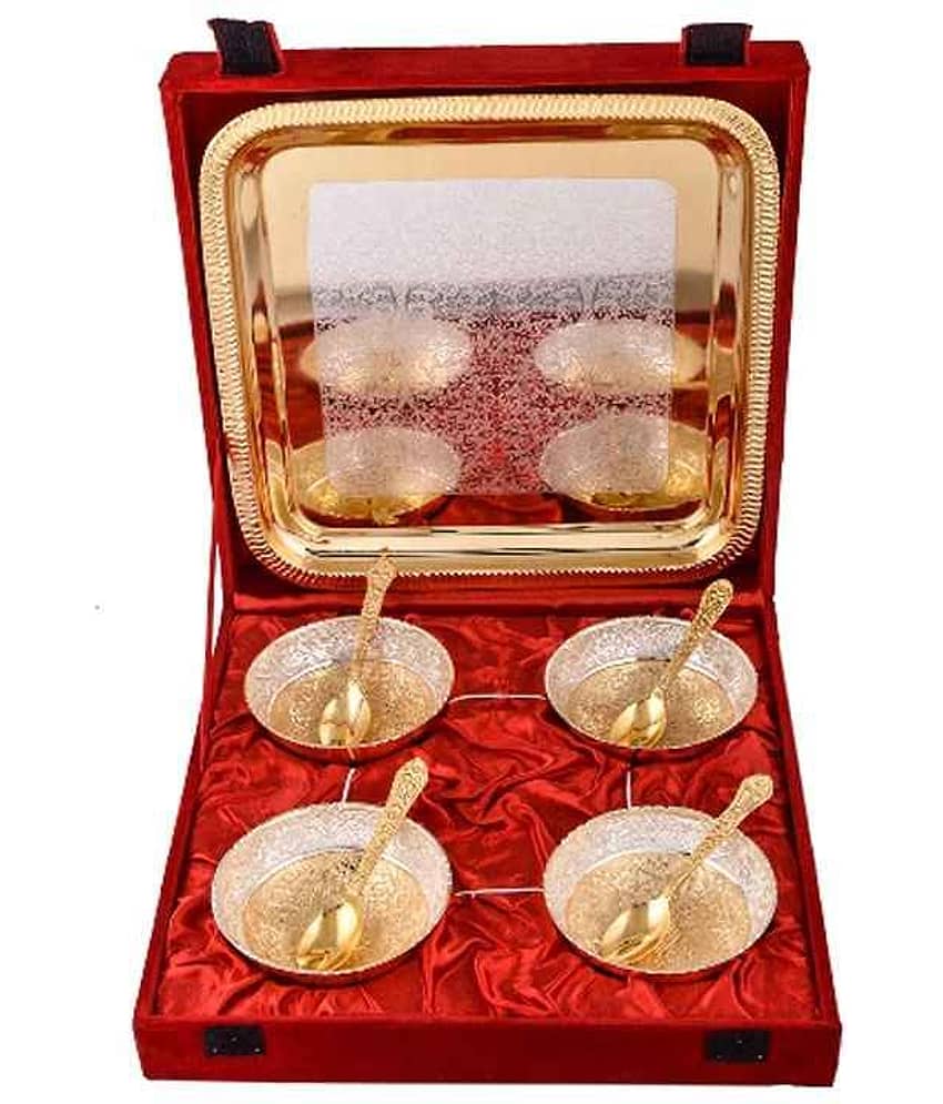Urban hemlet Silver & Gold Plated 4 Heavy Flower Bowl With Spoon With Tray