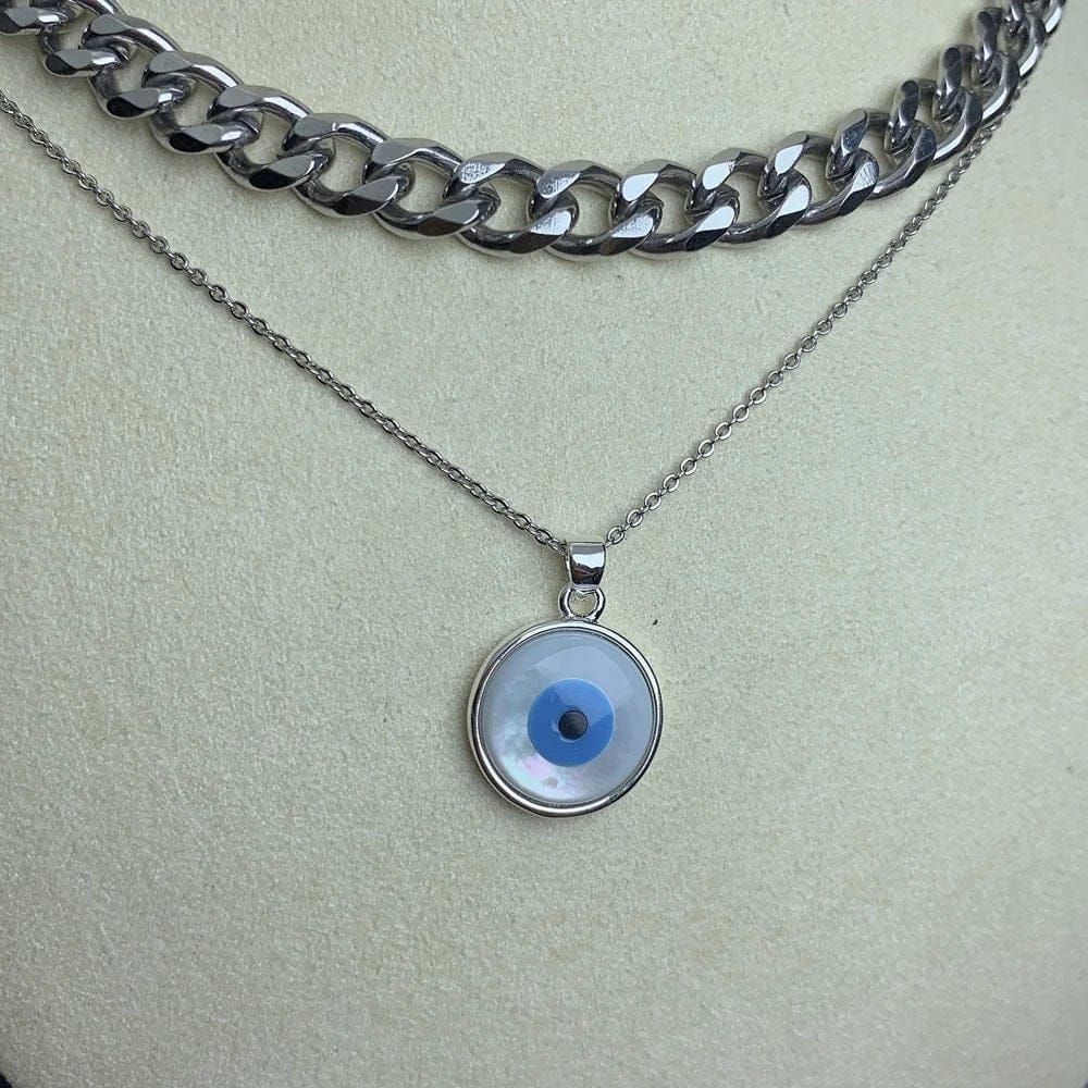 New Classic Round Blue Evil Eye Pendant Necklace For Women Double Layer Stainless Steel Choker Women'S Jewelry