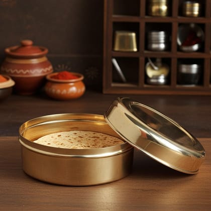 Brass Roti Box / Chapati Storage Container � Kitchen Utility Item, Diameter : 8.3 Inch (ZMAS586 F)